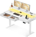 Scrivanie, Bianco, Scrivania Regolabile in Altezza con Cassetti, Scrivania Gaming con Prese e Luce LED, Standing Desk, OffiGo