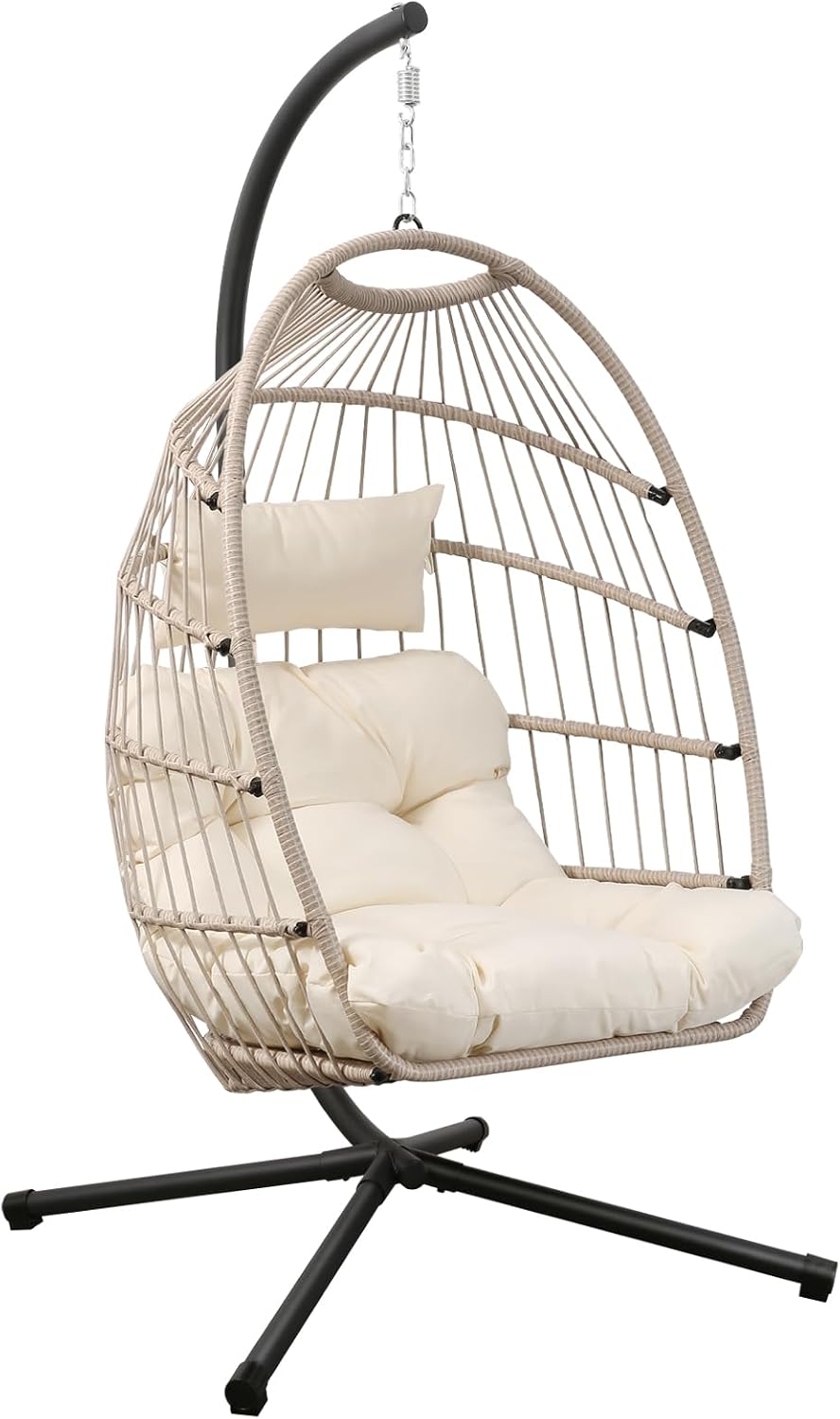 Sedia sospesa, Copertura Impermeabile e Cuscino UV Resistenti - Capacità 204 kg per Giardino, Sedia a Uovo Sospesa Pieghevole con Supporto, Goutime