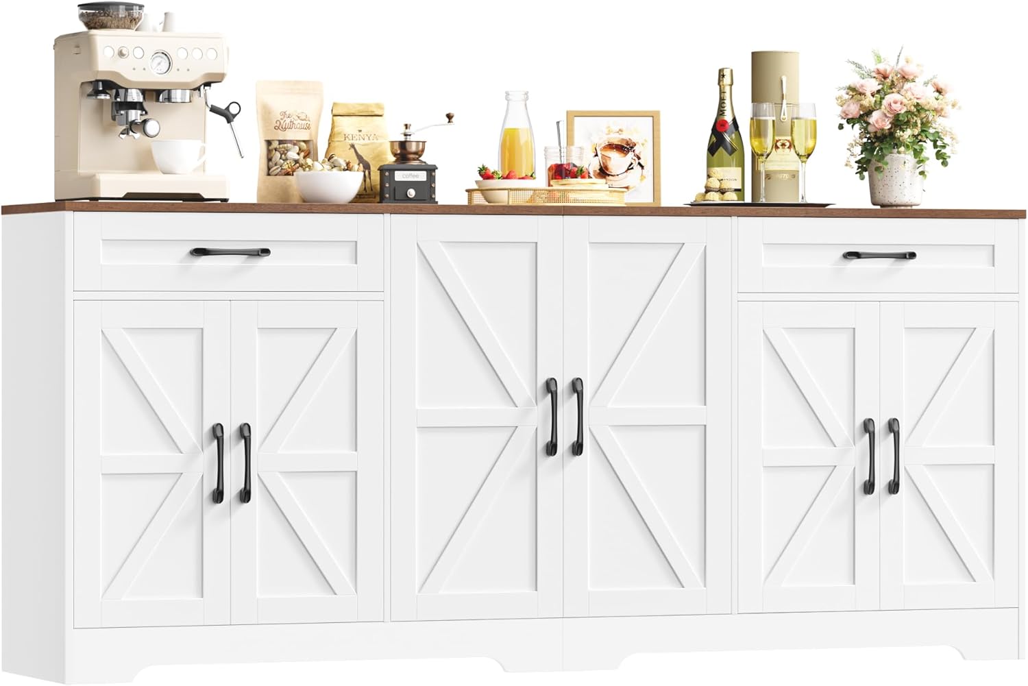 Credenza, Bianco, Cucina, Soggiorno con 2 Cassetti 6 Ante per Sala da Pranzo, 180×87×34, Mobile TV, HOCSOK