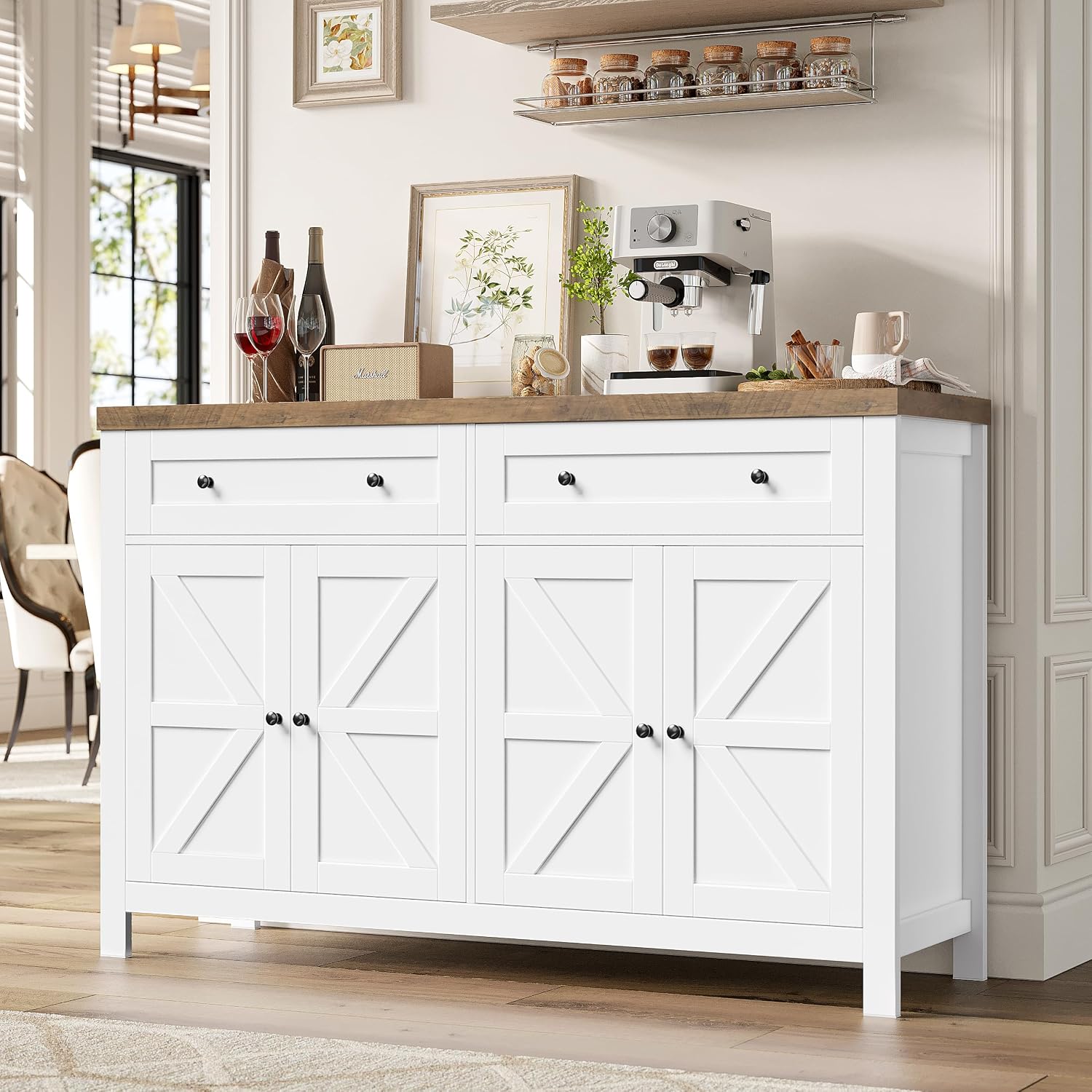 Credenza, Bianco, 140 cm Cucina, per Soggiorno, Buffet Mobile con 2 Cassetti 4 Ante, Madia Soggiorno Moderna con Ripiani Regolabili, Ingresso, HOCSOK