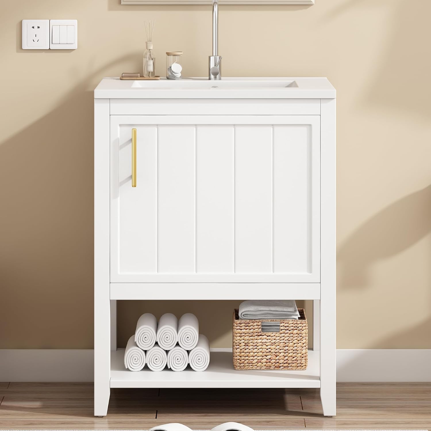 Mobili a terra, Mobile da bagno singolo, con lavabo in ceramica, con ripiano (bianco), Mielvu