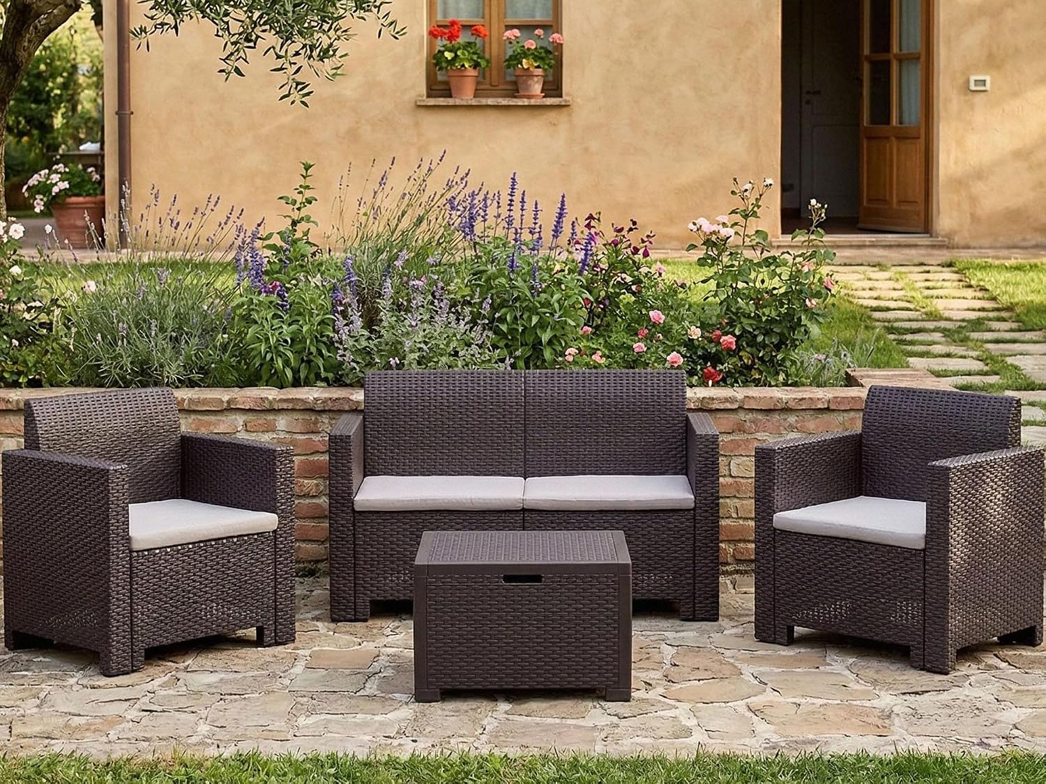 Set mobili da giardino, 100% Made in Italy, Salottino indoor e outdoor effetto rattan, Marrone, Set salotto da esterno Venere, Dmora