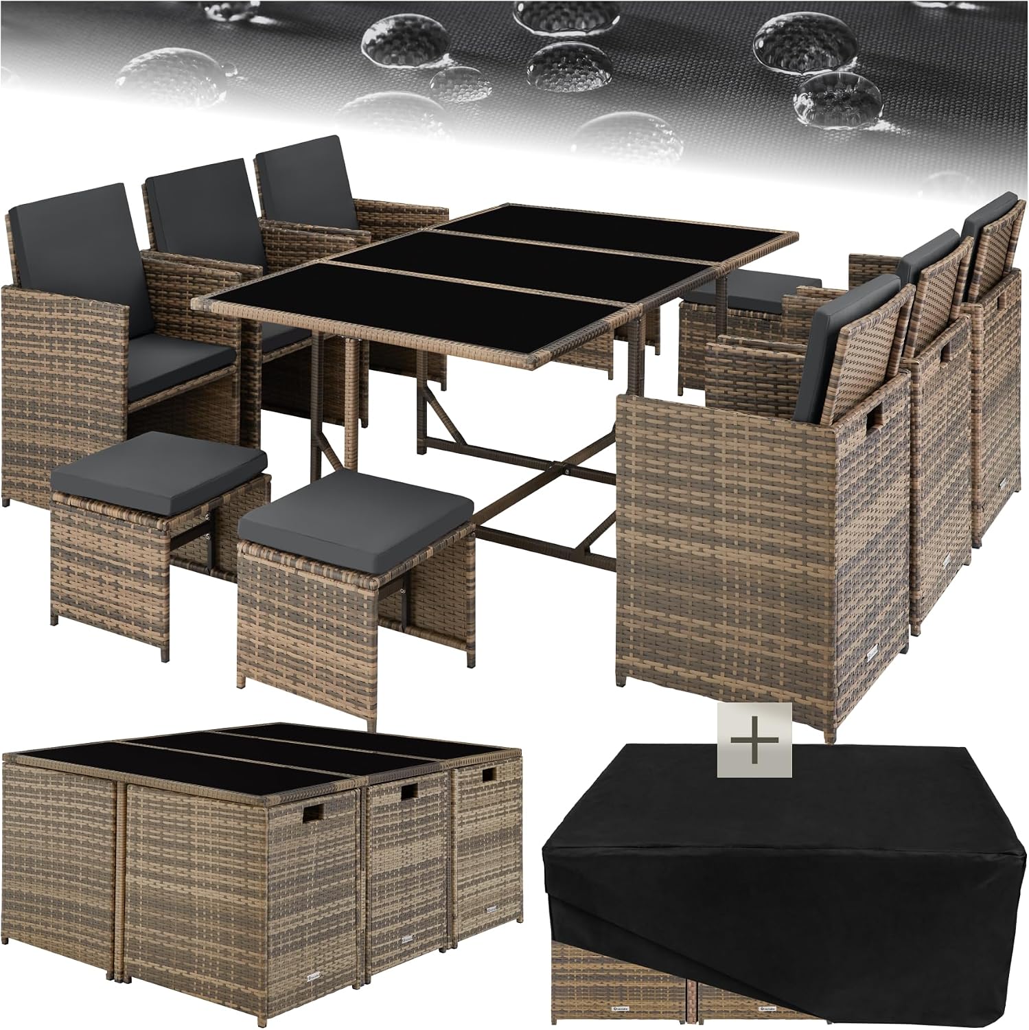 Set mobili da giardino, Arredamento Giardino Elegante, 6 Sedie da Esterno, Ideale per Balcone, Giardino e Terrazzo - Naturale, 4 Sgabelli, tectake