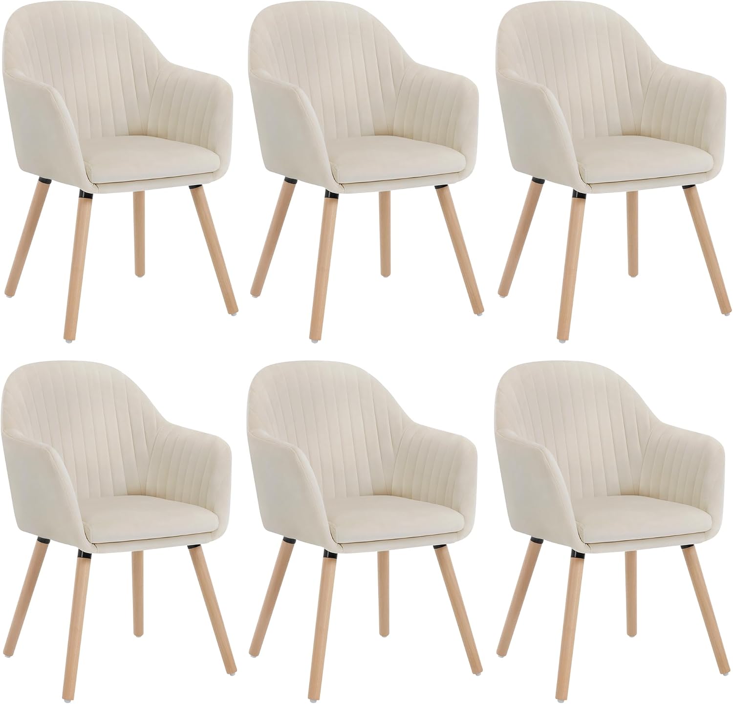 Sedie, Set di 6 per Sala da Pranzo con Schienale Braccioli Poltrona Imbottita Gambe in Legno Seduta in Tessuto Velluto Crema, WOLTU