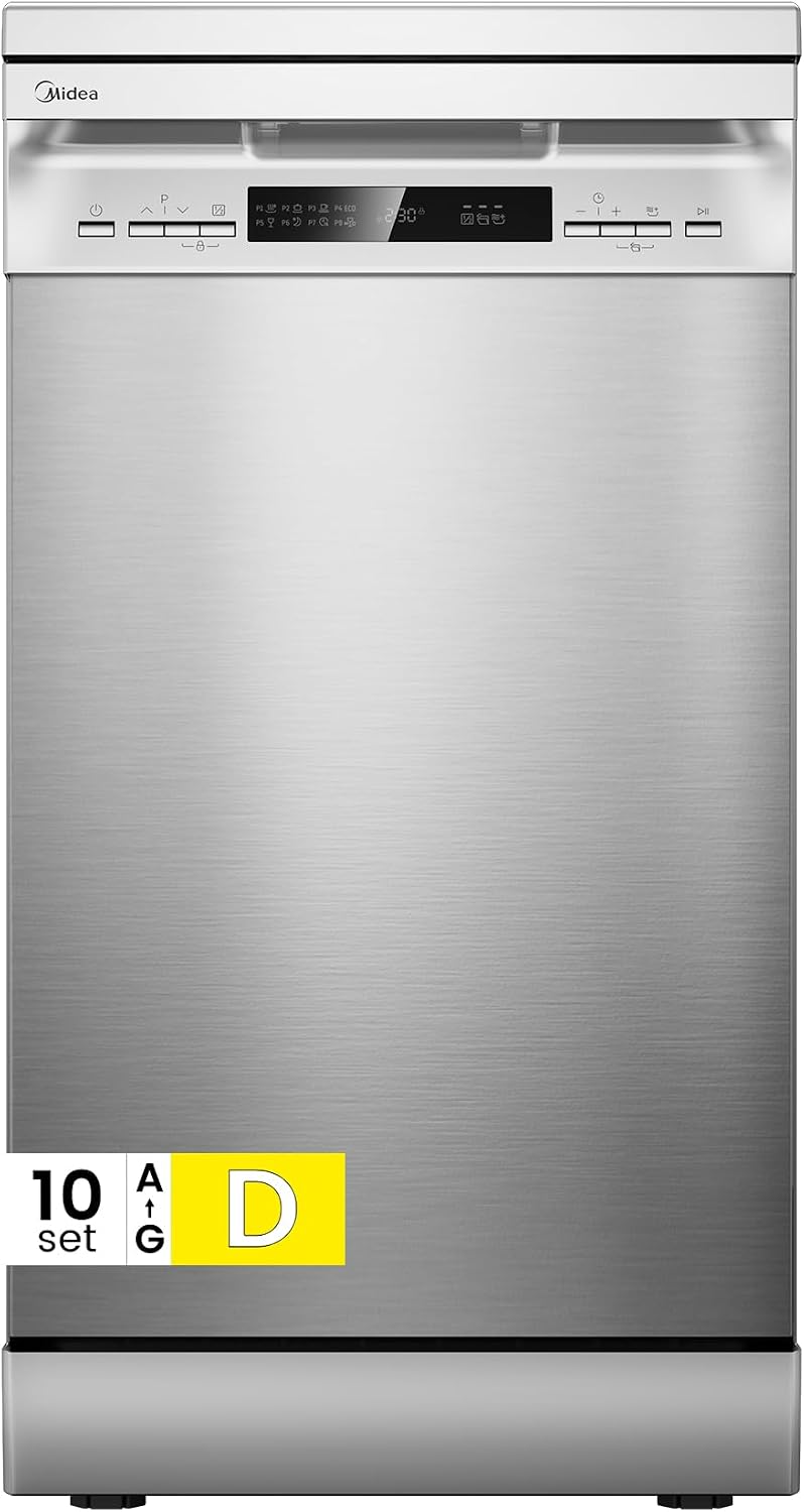 Lavastoviglie MFD45S200X, .1-IT Libera Installazione con 10 coperti, 8 Programmi, Display a LED, Partenza Ritardata, Funzione di Mezzo Carico, Midea