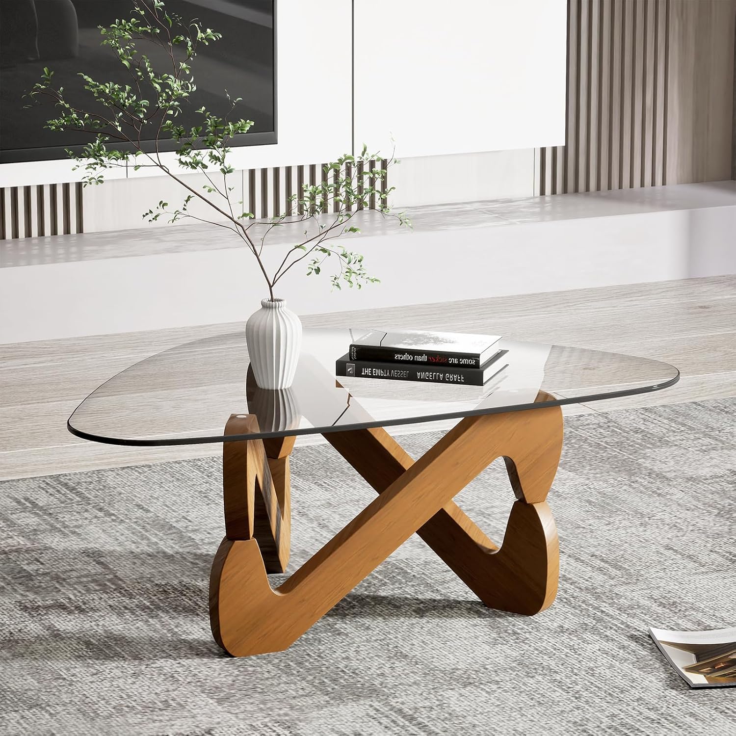 Tavolini bassi, tavolino moderno con base in legno massello triangolare e vetro temperato spesso, tavolino da salotto, AuraFurn