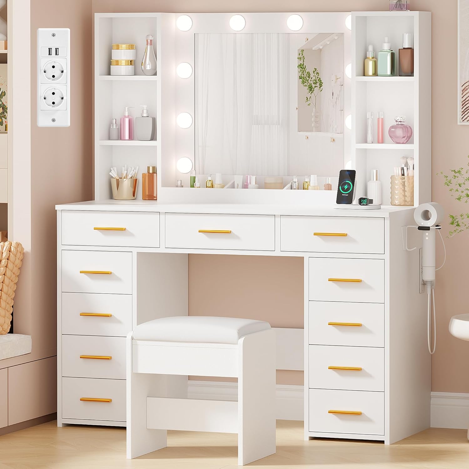 Toelette BDT86W, 110 cm Toeletta da Trucco con Specchio Luci e Presa, Luminosità Regolabile, ANWBROAD