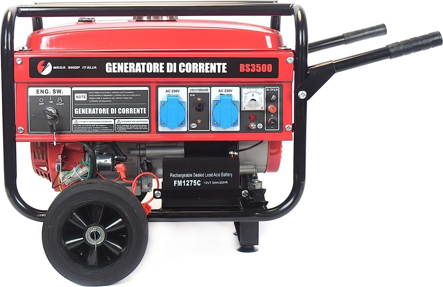 Generatore 16A, di Corrente 3000 W Benzina 4 tempi con 2 prese 230 V con Avviamento Automatico a Chiave e Batteria Portatile con Ruote, Megashopitalia