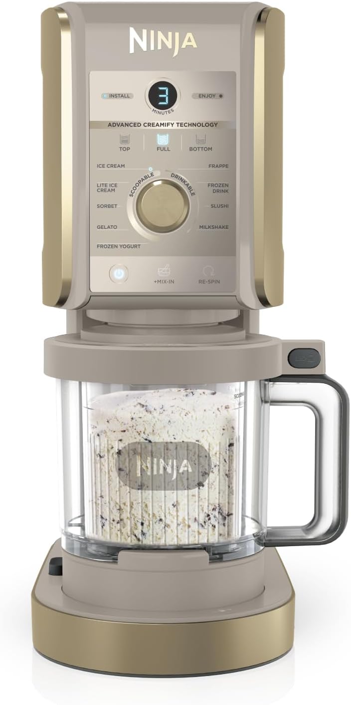Ninja NC502EUSTGD Macchine del gelato, CREAMi Deluxe Gelatiera con 2 Vasetti, 10 Funzioni, Produce Gelato, Sorbetti, Yogurt, Frullati, Pietra Oro