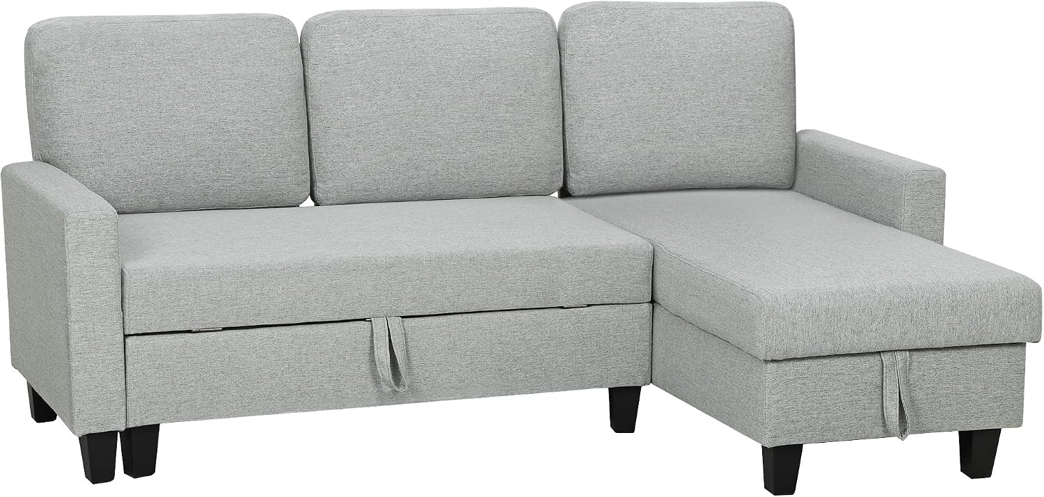 Divano, Grigio Chiaro, per Soggiorno Salotto, Letto 3 Posti con Chaise Longue Convertibile, Angolare con Vano Portaoggetti, HOMCOM