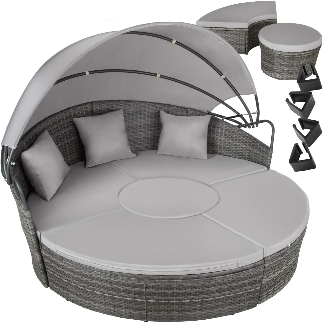 Lettino prendisole, Isola Divano da Esterno con Tettuccio Parasole Pieghevole, per Giardino - Grigio Chiaro, ® Isola Prendisole in Rattan, tectake