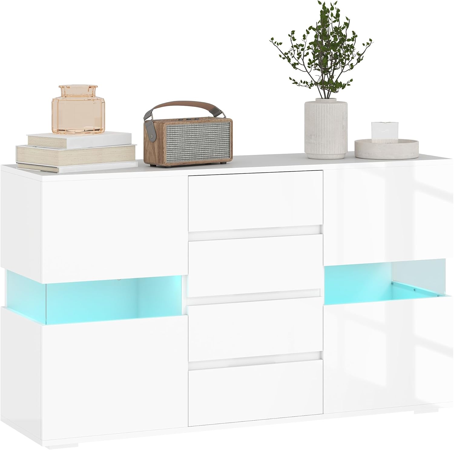 Credenza, Bianco, Mobile da Salotto con 4 Cassetti e 2 Armadietti, 120x34x70 cm, Moderna con Luce LED Regolabile con Telecomando, HOMCOM