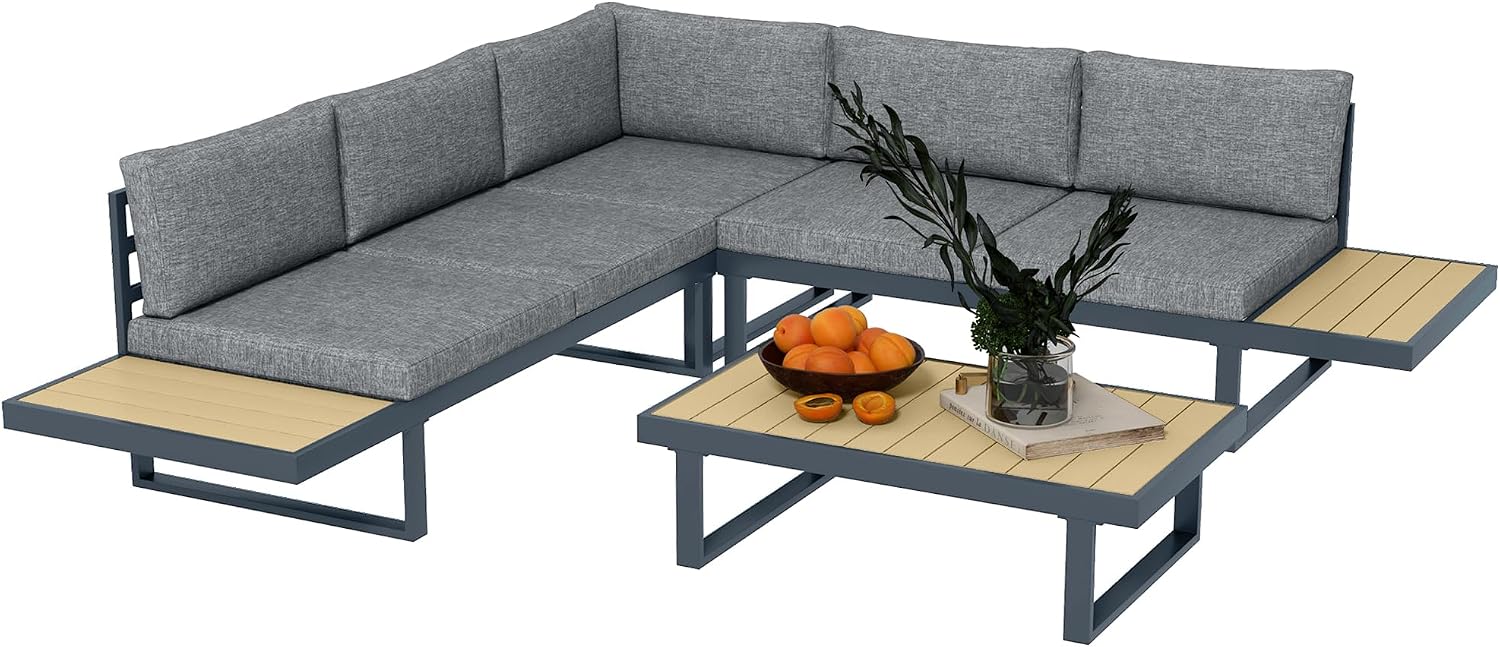 Set mobili da giardino, Grigio Scuro e Teak, Set da Giardino 4 Pezzi in Alluminio e Poliestere, Outsunny