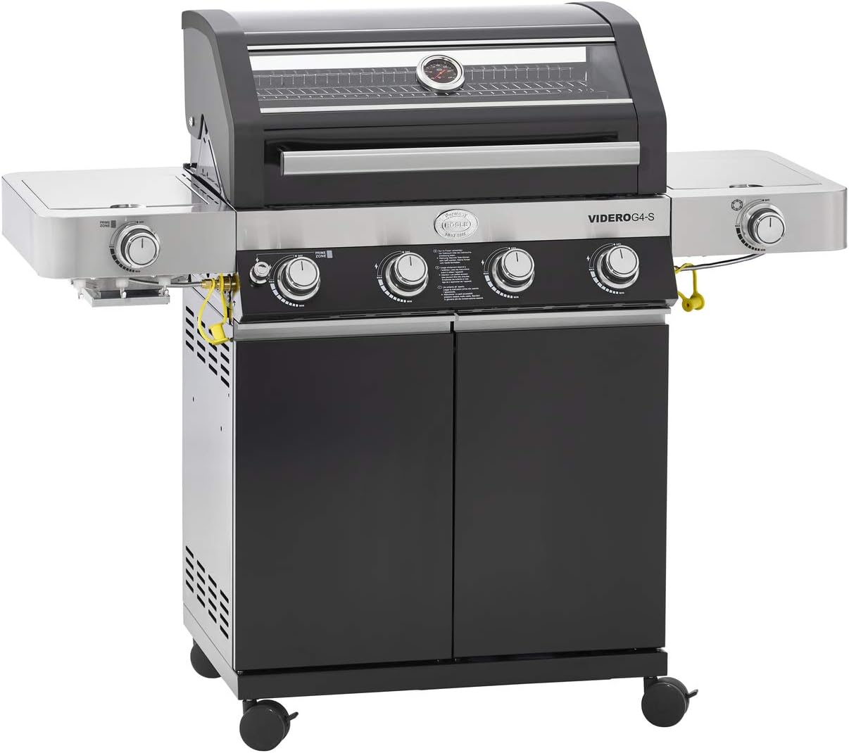 Griglie a gas naturale G4-S, barbecue a gas, stazione BBQ VIDERO, extra: primezone e bruciatore laterale, tavolini laterali richiudibili, RÖSLE