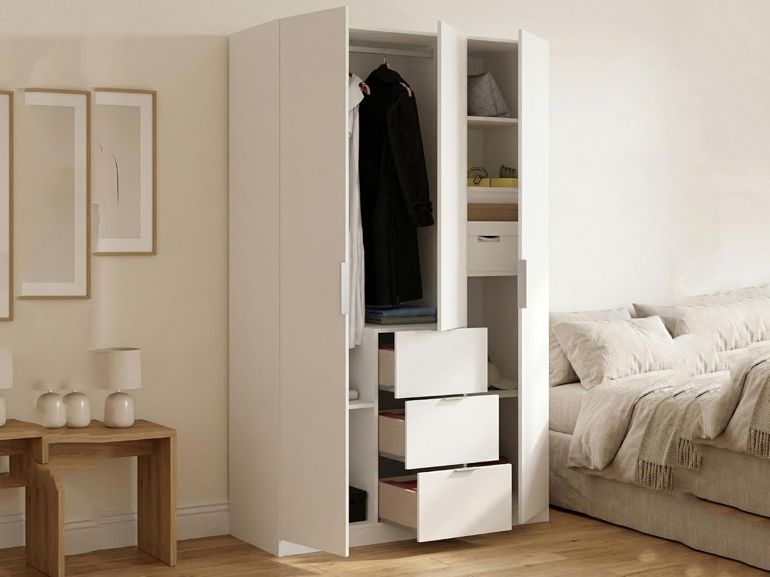 Armadio, Bianco, Mobile appendiabiti per camera da letto, a 3 ante battenti e 3 cassetti, 135x52h204 cm, Guardaroba Falterona, Dmora
