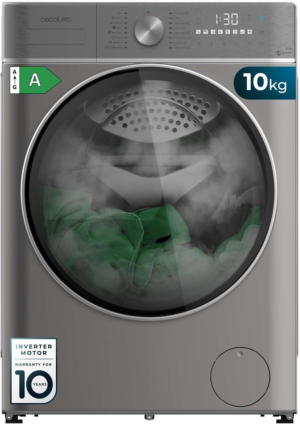 Cecotec lavatrice, Asciugatrice 10-6 kg Carica Frontale Bolero Wash&Dry 10680 Inverter Steel A. 1400 giri, 16 Programmi, min, Motore Inverter Plus