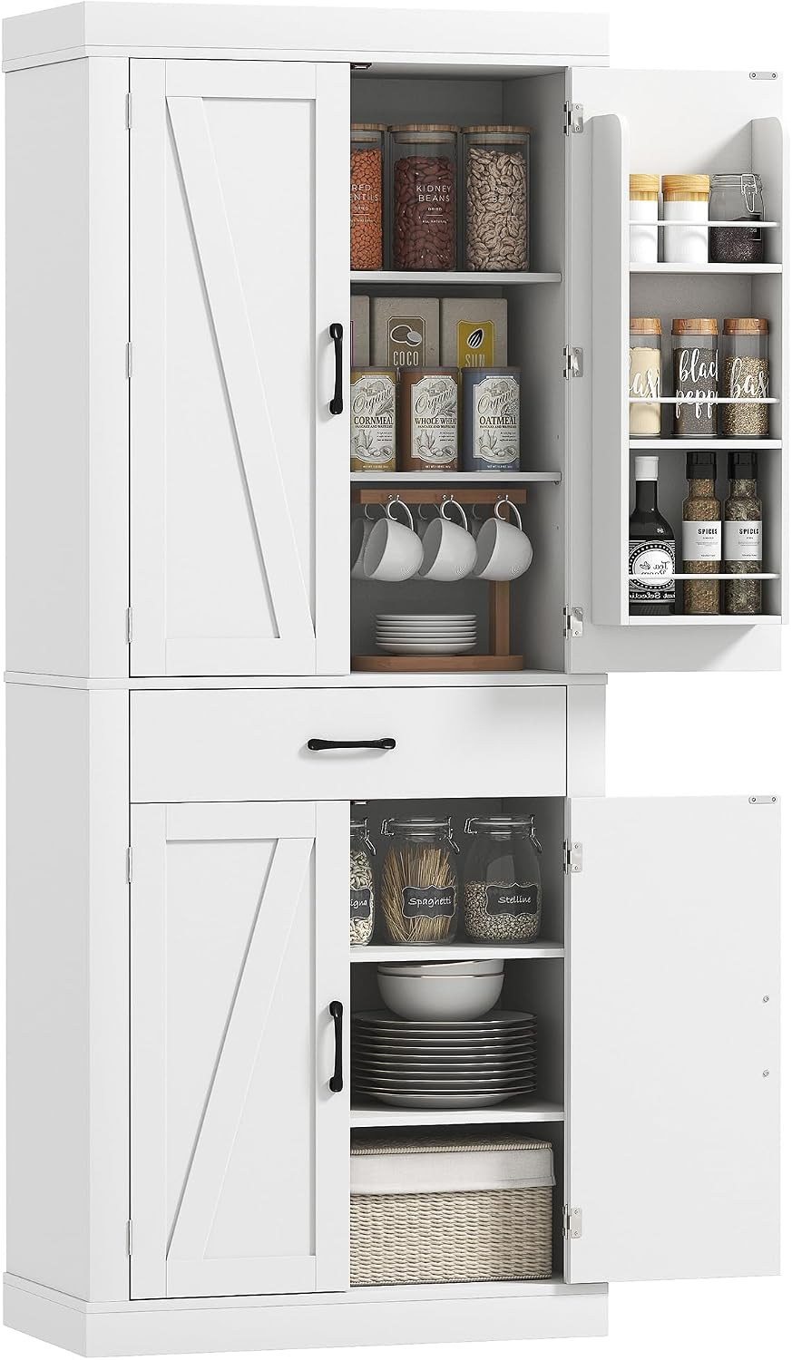 Credenza, Bianco, Mobile Cucina con 6 Portaspezie sulla Porta, per Sala da Pranzo, 4 Ante a Fienile e Cassetto, Soggiorno, HOMCOM