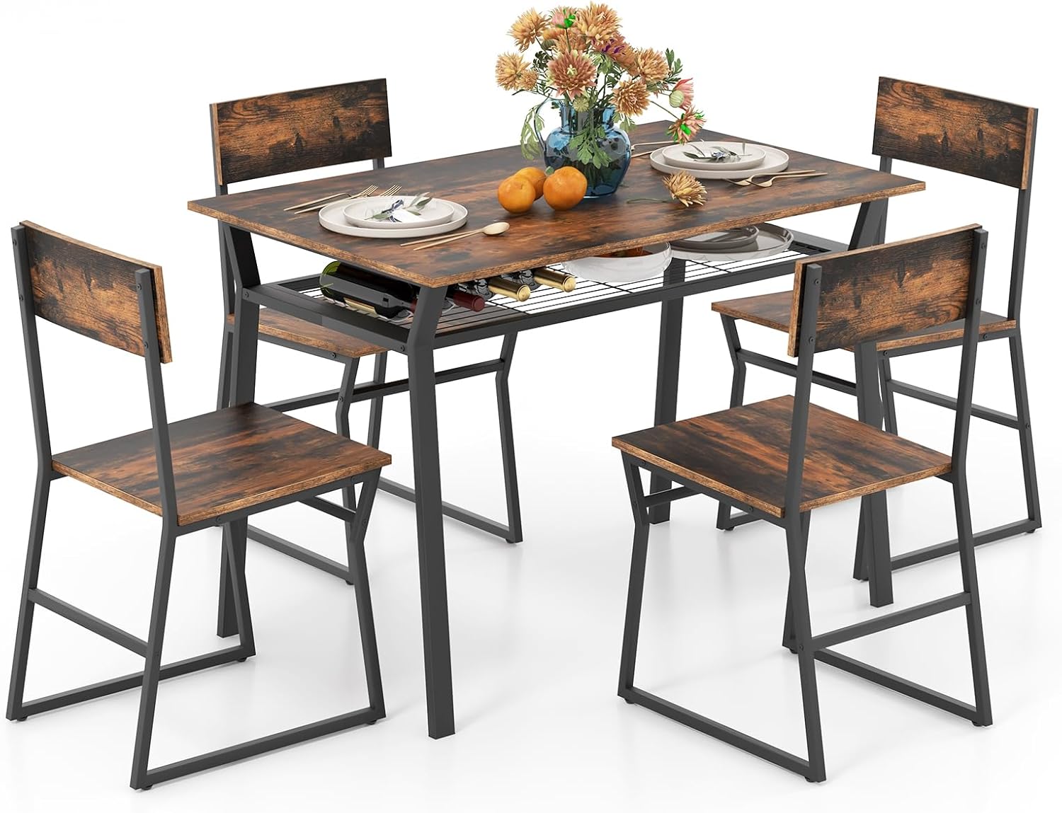 Set sala da pranzo, tavolo da pranzo, telaio in metallo, Set da pranzo con 4 sedie, set da cucina per 4 persone, set per sala da pranzo, GIANTEX