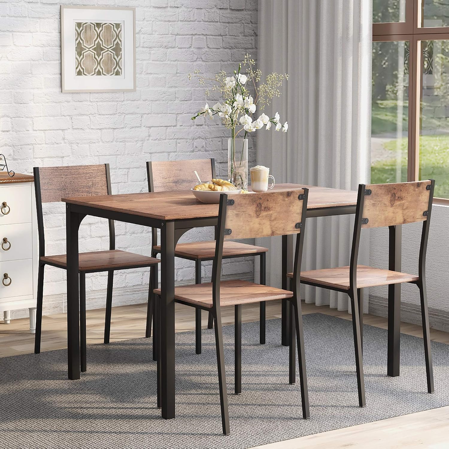 Set sala da pranzo, Tavolo da pranzo con 4 sedie, per balcone e sala da pranzo e soggiorno, colore: marrone vintage, KAZZIO