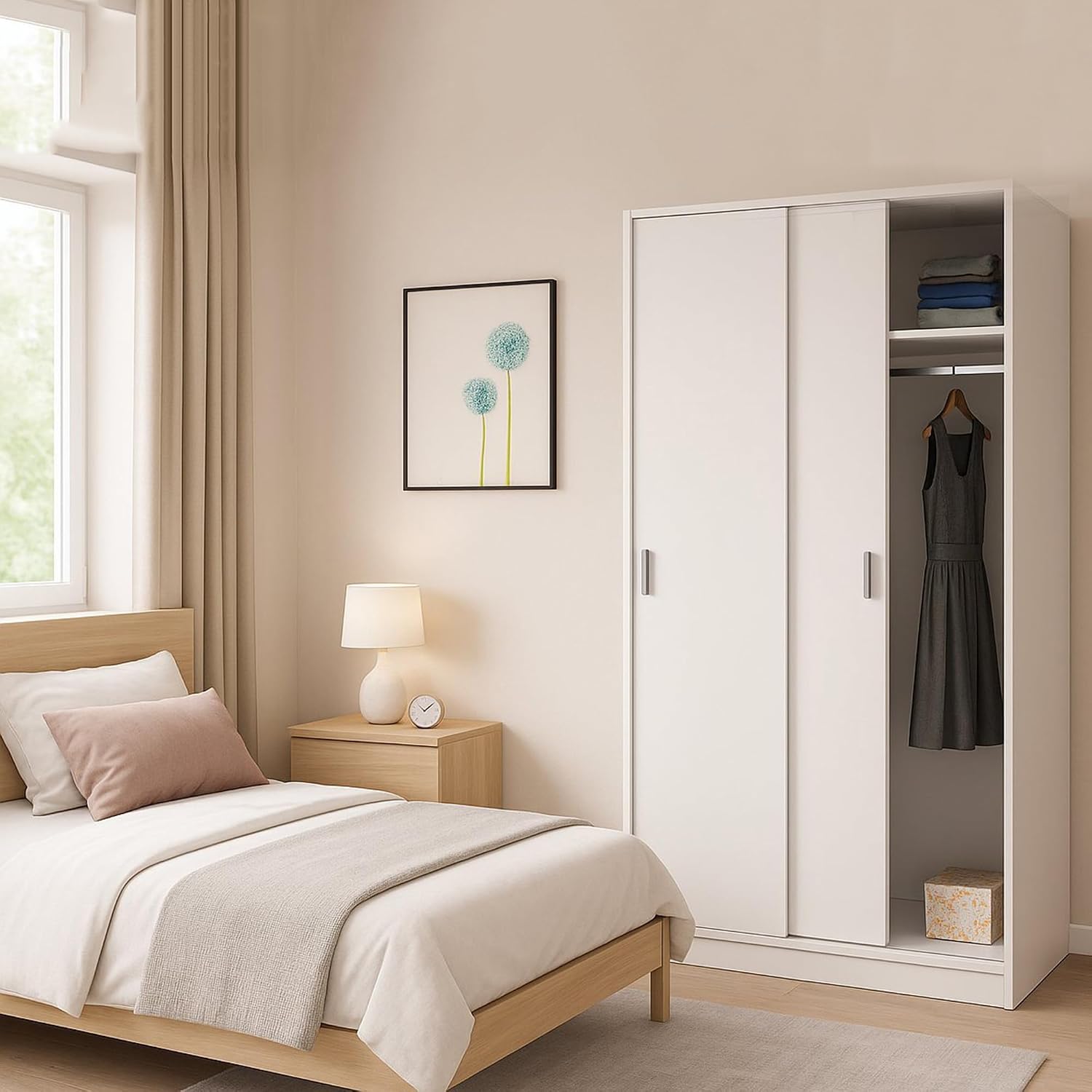 Armadio, Bianco, per camera da letto, Guardaroba 2 ante Lansing, Mobile con ripiano e barra appendiabiti, Dmora